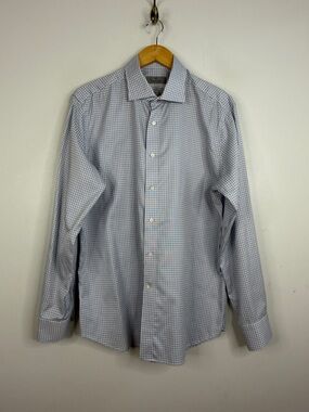 Canali Dress Shirt Mens 44 17.5 Blue Gray Check Cotton Formal Made in Italy